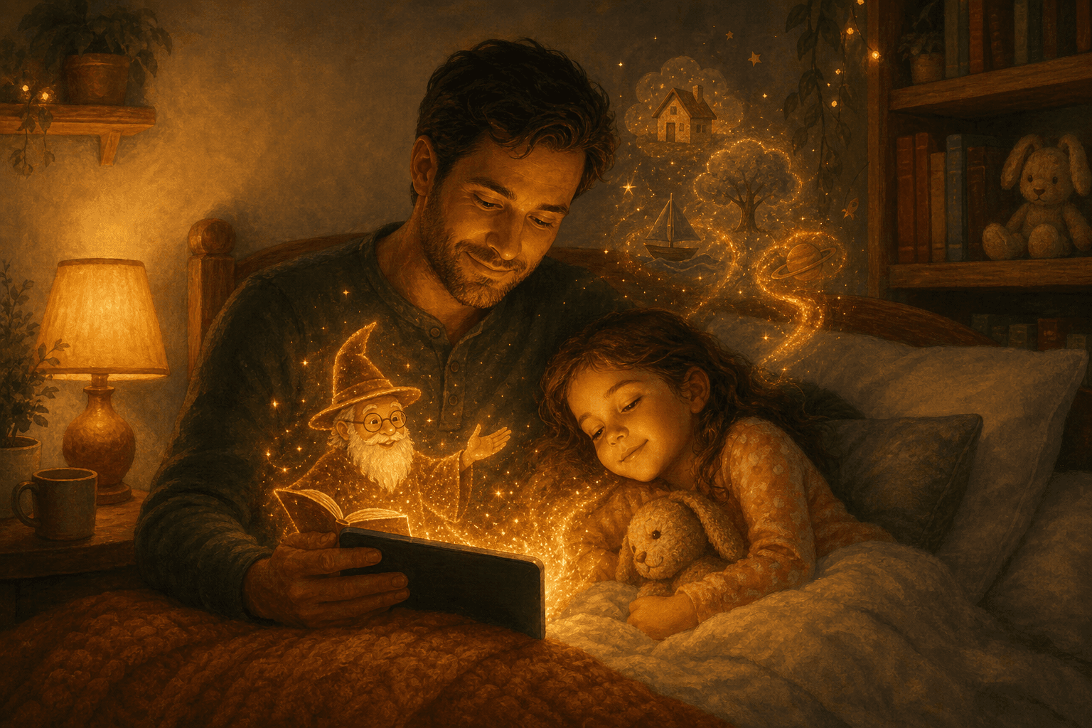 A parent reading from a tablet while a child listens calmly in bed under warm bedside lamp light.