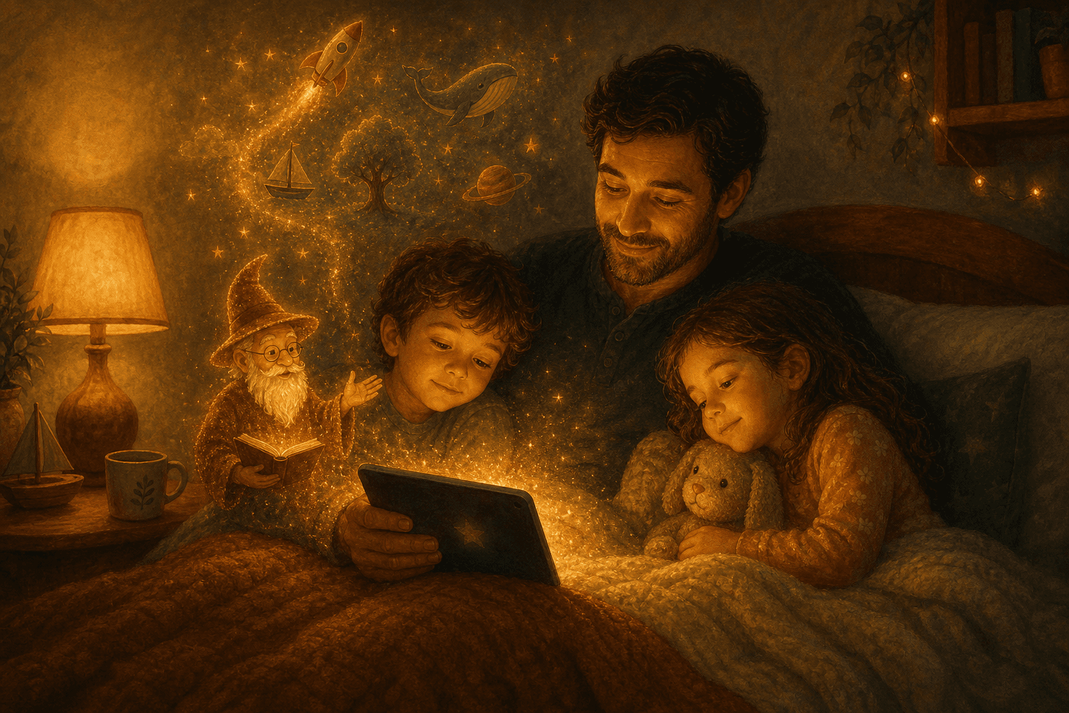 A parent reading from a tablet while a child listens calmly in bed under warm bedside lamp light.